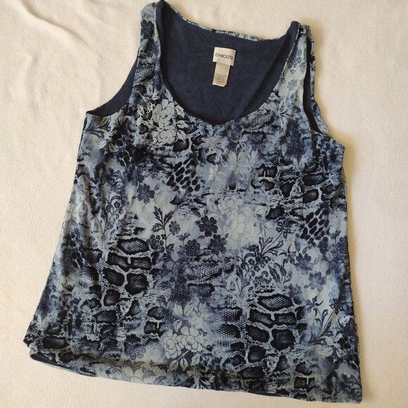 SALEChicos Floral Tank Top Sz 2 L Navy Sleeveless Mesh Basic Casual Top - Picture 8 of 8